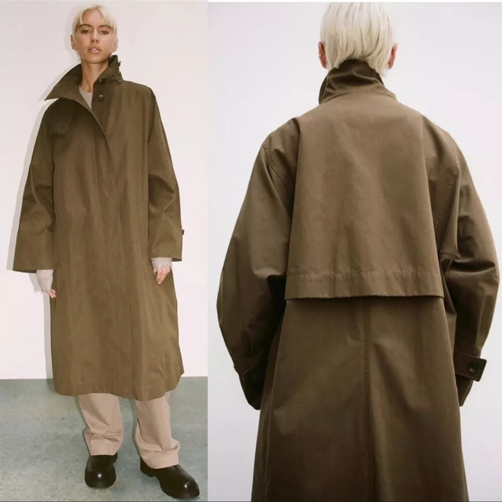 🔥NWT ZARA🔥 Oversized Water-Repellent Trench Coat in Khaki Green - Picture 2 of 6